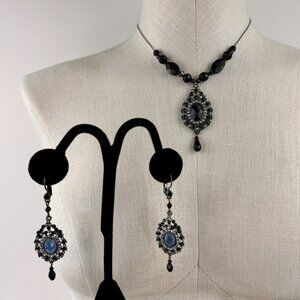 Vintage Style NR Pendant Necklace Dangle and Earrings Set Gunmetal Blue Stones